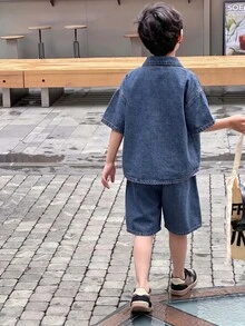 Boys' Dark Blue Denim Loose Shirt & Shorts 2-Piece Set - Blue - View 2