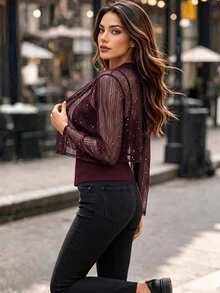 Editum Women's Shiny Mesh Open Front Fashion Lightweight Jacket - Burgundy - View 2