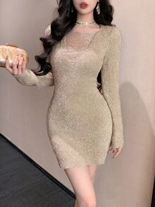 DAZY فستان سويتر قصير ضيق للنساء للخريف/الشتاء بلون ذهبي شامبانيا مزين بالخرز واللمعان محبوك بأكمام طويلة براق للحفلات والمواعيد والتجمعات والزفاف - لون مشمشي - مشاهدة 4