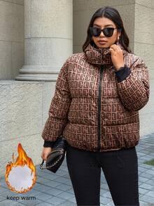 Easura Plus Size Letter Print Zipper Hooded Padded Coat - Brown - View 5