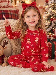 聖誕紅色可愛卡通童趣馴鹿印花 女童幼兒休閒極簡舒適抓絨內裡長袖長褲家居服套裝 新款睡衣套裝 適合秋冬 貼身保暖 冬季居家日常 聖誕禮物 節日派對 姊妹裝 甜美復古女孩風 舒適氛圍 - 彩色 - 查看 3