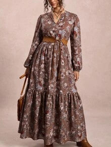 Freevana 大尺碼女款米色秋季波希米亞風印花長洋裝 V領長袖飄逸舒適貼身 茶會度假休閒隨性風洋裝 - 彩色 - 查看 6