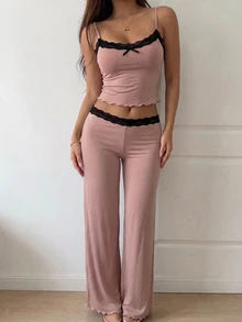 Livesso 女款蕾絲拼接細肩帶背心與長褲睡衣套裝 - 粉色 - 查看 1