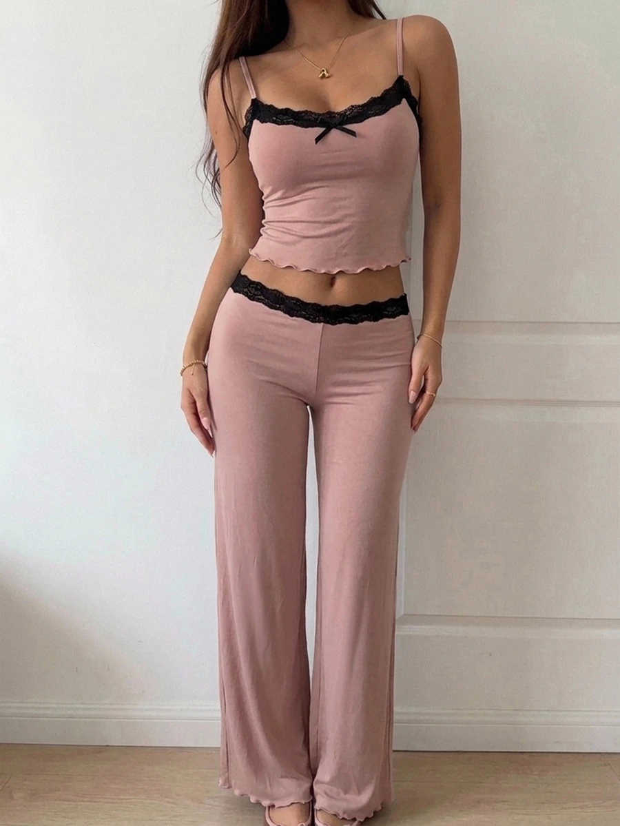 Livesso 女款蕾絲拼接細肩帶背心與長褲睡衣套裝 - 粉色 - 查看 1