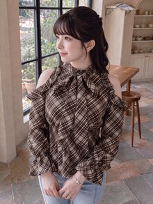 Bijouette 大尺碼休閒優雅度假風棕色格紋編織露肩上衣，柔軟面料，日系甜美風，收腰露背，約會之夜，秋季 - 棕色 - 查看 6