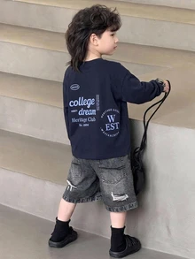 Dazy Kids 小男孩字母印花長袖圓領T恤，適合日常穿著 - 寶藍色 - 查看 8