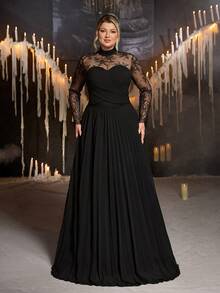 Glamrae Plus Size Elegant Romantic Black Lace Patchwork Chiffon Stand Collar Sheer Long Sleeve Pleated Fitted A-Line Evening Dress For Party Date Ball Wedding Event - Black - View 7