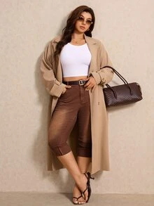 Elaquor Plus Size Casual Daily Wear Denim Jeans With Pockets - Brown - View 6