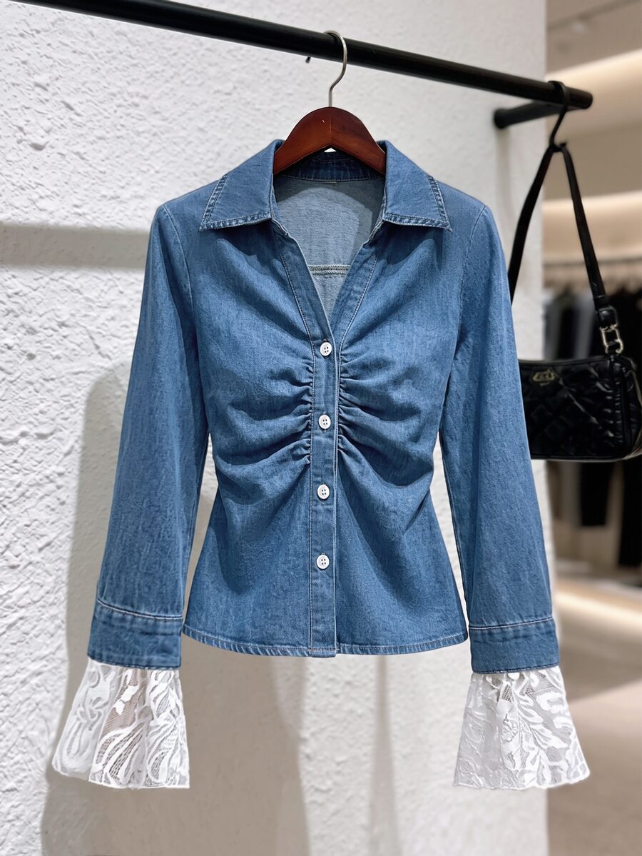 GlowEve Women's Lace Patchwork Pleated Single-Breasted Denim Shirt - Medium Wash - View 1