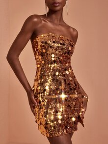JIAN LASALA Golden Sequin Tube Top Sleeveless Elegant Short Dress Vacation Party Holiday - Gold - View 3