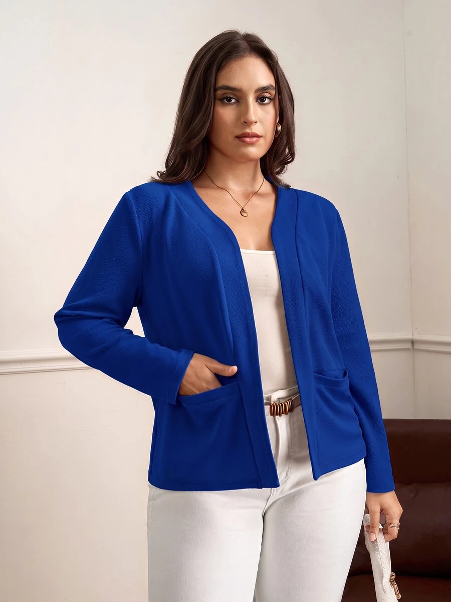 Chikora Plus Size Women's Collarless Pocket All-Match Elegant Minimalist Versatile Comfortable Red Regular Jacket,Fall Clothes For Women Winter Autumn - Royal Blue - View 1