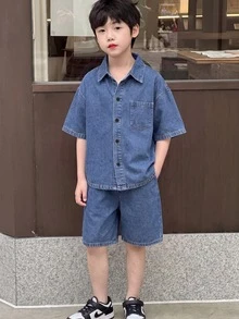 Boys' Dark Blue Denim Loose Shirt & Shorts 2-Piece Set - Blue - View 3