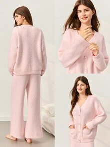 LUVLETTE Autumn And Winter Winter Fuzzy Fleece Button-Up & Pants Loungewear Pajama Set As Outerwear Fall Pajamas Clothes - Pink - View 4