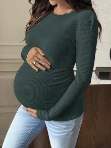 SHEIN 孕婦純色休閒百搭日常穿著長袖T恤秋季 - 墨綠色 - 查看 6