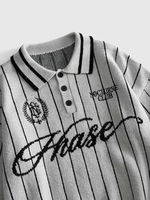 ROMWE MEN Men Contrast Pinstripe Letter Graphic Polo Collar Knit Sweater, Drop Shoulder Preppy Streetwear Pullover - Grey - View 2