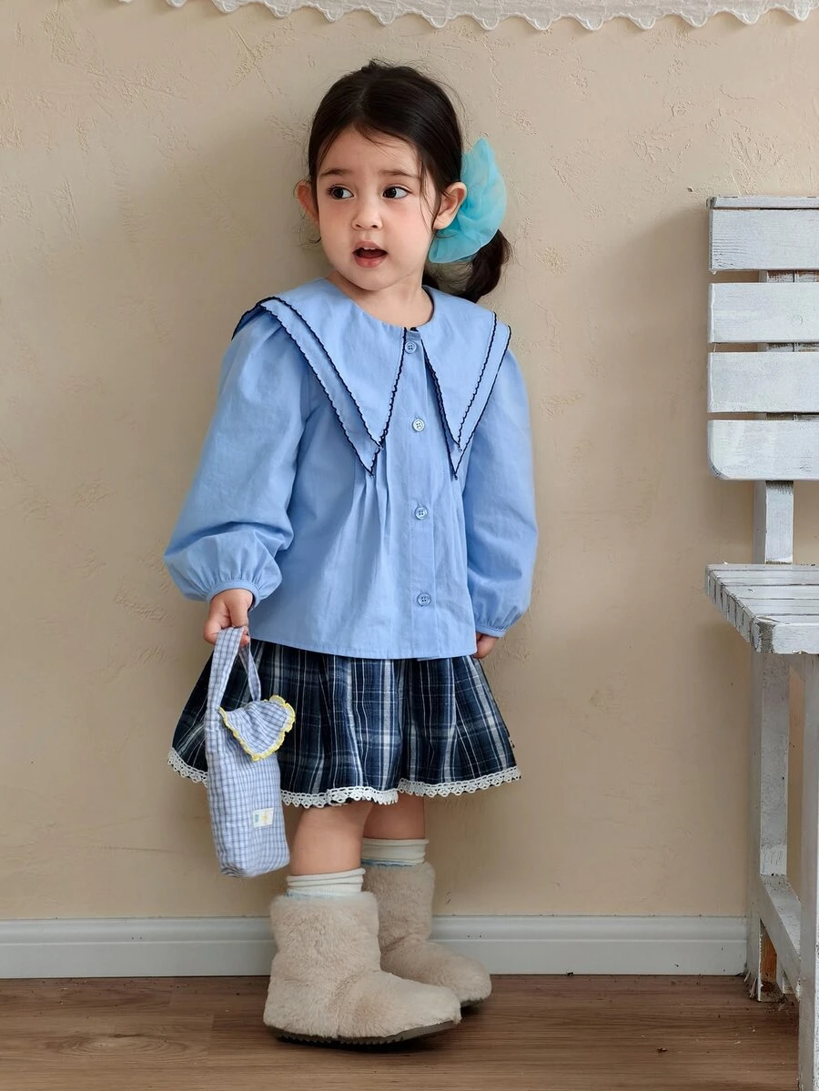 Dazy Kids Infant/Toddler (Girl) Solid Color Long Sleeve Korean Style Top With Turn-Down Collar - Blue - View 1