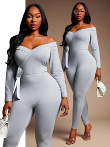 SHEIN SXY Plus Size Women Solid Color Off-Shoulder Long Sleeve Fitted Jumpsuit - Grey - View 1