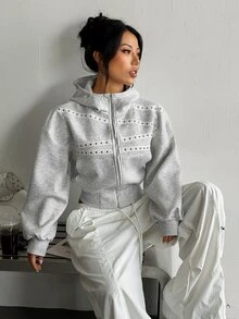 Dewbera Dewbera Women's American Punk Rivet Decor Hooded Sweatshirt, Short Zip-Up Sweatshirt With Dropped Shoulders, Casual Outerwear - White - View 6