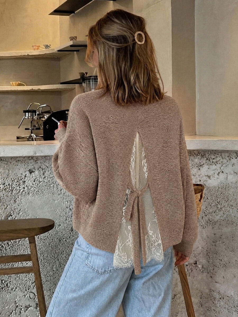 Serisse Women's Contrast Color Lace Long Sleeve Sweater - Camel - View 1
