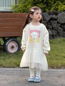 Dazy Kids Infant/Toddler (Girl) Round Neck Cartoon Print Long Sleeve Autumn/Winter Mesh Patchwork Dress - Apricot - View 3