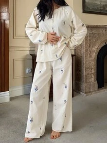 DAZY 2pcs Ditsy Floral Half-Button Loose Long Sleeve Top & Straight Leg Long Pants Women Pajama Set - Apricot - View 5