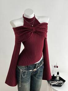 Elamini 1pc Women's Charcoal Gray Personalized Delicate Halter Tie Bow Design Cold-Shoulder Asymmetric Hem Elastic Knit Casual Sweater, Autumn/Winter - Red - View 3