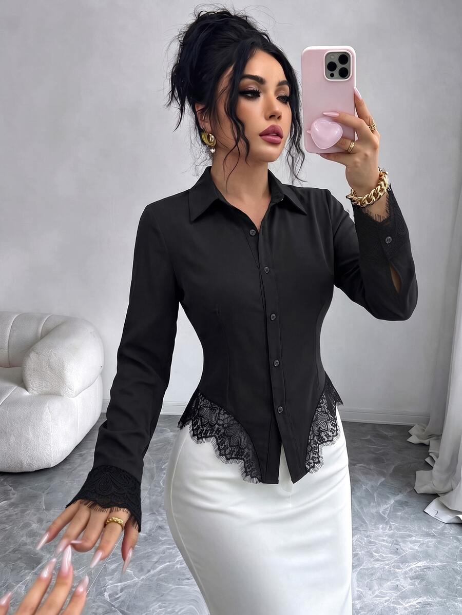 Elenzga Black Long Sleeve Collared Shirt For Women With Lace Trim Waist-Flattering Elegant Style - Black - View 1