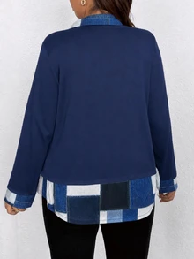 EMERY ROSE Plus Size Women's Casual 2 In 1 Top, Ribbed Knit Patchwork Denim Effect Print Lapel V-Neck Long Sleeve Shirt - Blue - View 2