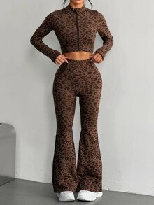 Dewbera Dewbera 2pcs Brown Leopard Print 2 Pieces Outfit Set, Zip Up Long Sleeve Crop Top With Thumb Hole & Flare Leg Pants, Slim Fit, Suitable For Fitness, Workout - Coffee Brown - View 4