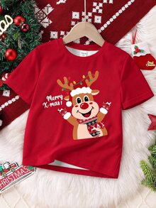 Young Boy Casual Minimalist Kids Round Neck Short Sleeve Loose Fit T-Shirt Suitable For Summer Christmas Elements - Multicolor - View 2