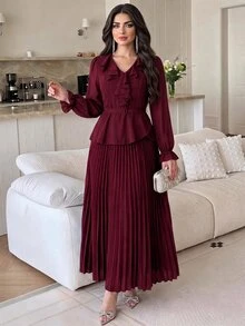 Feyla Women's Solid Color Ruffle Trim Casual Party Long Commuter , Fall Women Fall - Burgundy - View 1