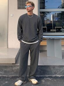 DAZY 2件組男士2合1T恤與直筒長褲套裝，舒適休閒穿搭 - 深灰色 - 查看 7