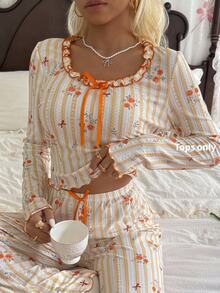 CottageSlumber Striped Floral Print Long Sleeve Top Loungewear - Yellow - View 4