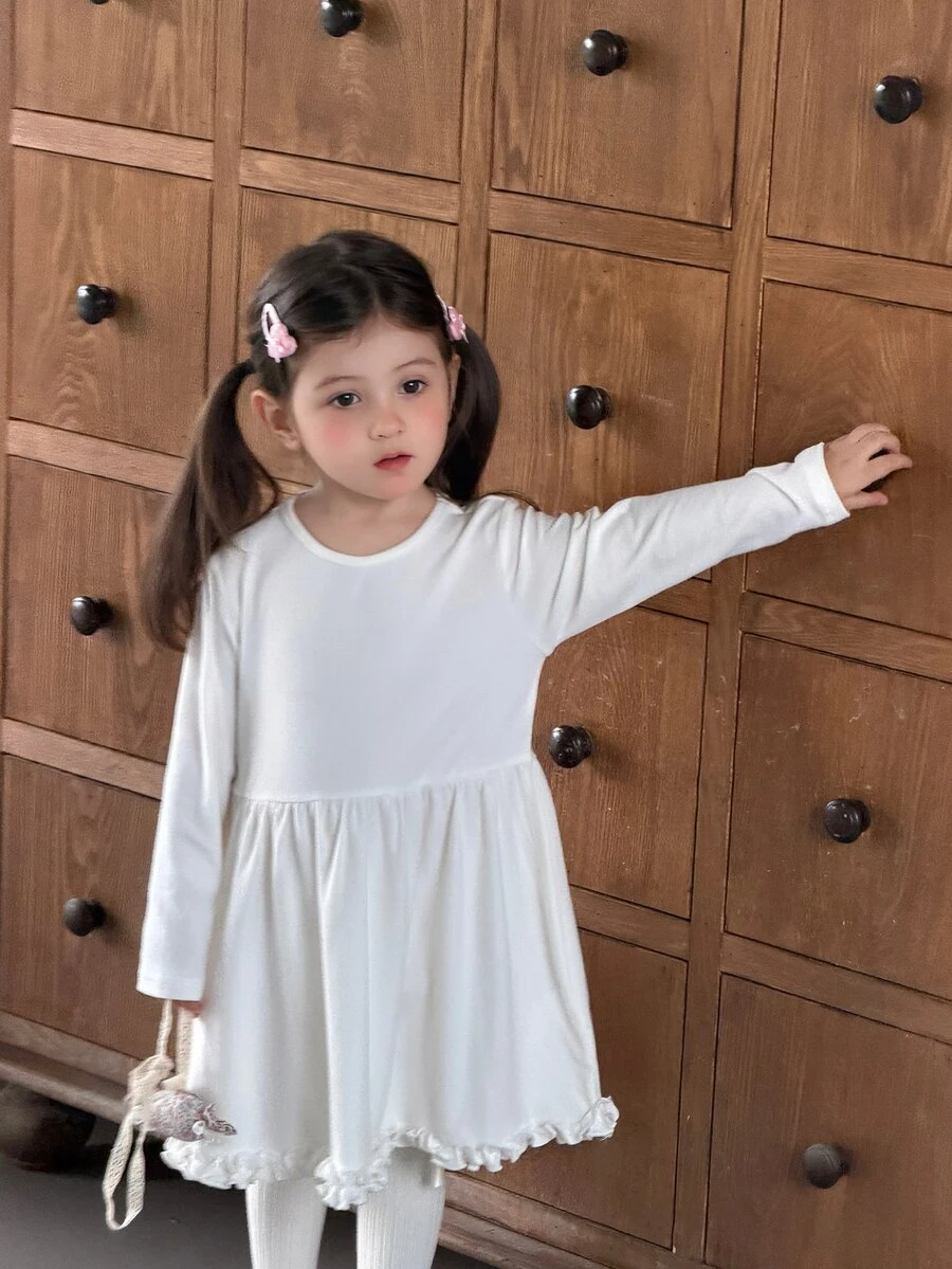 Dazy Kids Atasan Bayi/Balita (Perempuan) Leher Bulat dengan Hiasan Ruffle Lengan Panjang Nyaman Gaya Korea Serbaguna - Aprikot - View 1