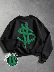 Manfinity EMRG Unisex Loose-Fit Black Polyester Crew Neck Sweatshirt With 3D Embroidered Dollar Sign Graphic For Streetwear - Black - View 3