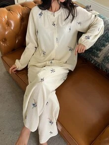 DAZY 2pcs Ditsy Floral Half-Button Loose Long Sleeve Top & Straight Leg Long Pants Women Pajama Set - Apricot - View 11
