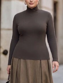 Chikora Plus Size Autumn/Winter Commute Elegant High Neck Base Layer Top - Brown - View 4