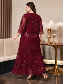 Reflora 大尺碼女款亮片網紗圓領七分袖華麗性感優雅洋裝，適合婚禮、雞尾酒會、正式晚宴，黑色，秋季聖誕款 - 酒紅色 - 查看 3