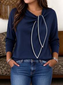 Weeklong 2026 Plus Size Fall New Elegant Casual Knit Top, Contrast Edge Tie Loose Long Sleeve Pullover, Suitable For Work Office Confirmation T-Shirt - Navy Blue - View 7