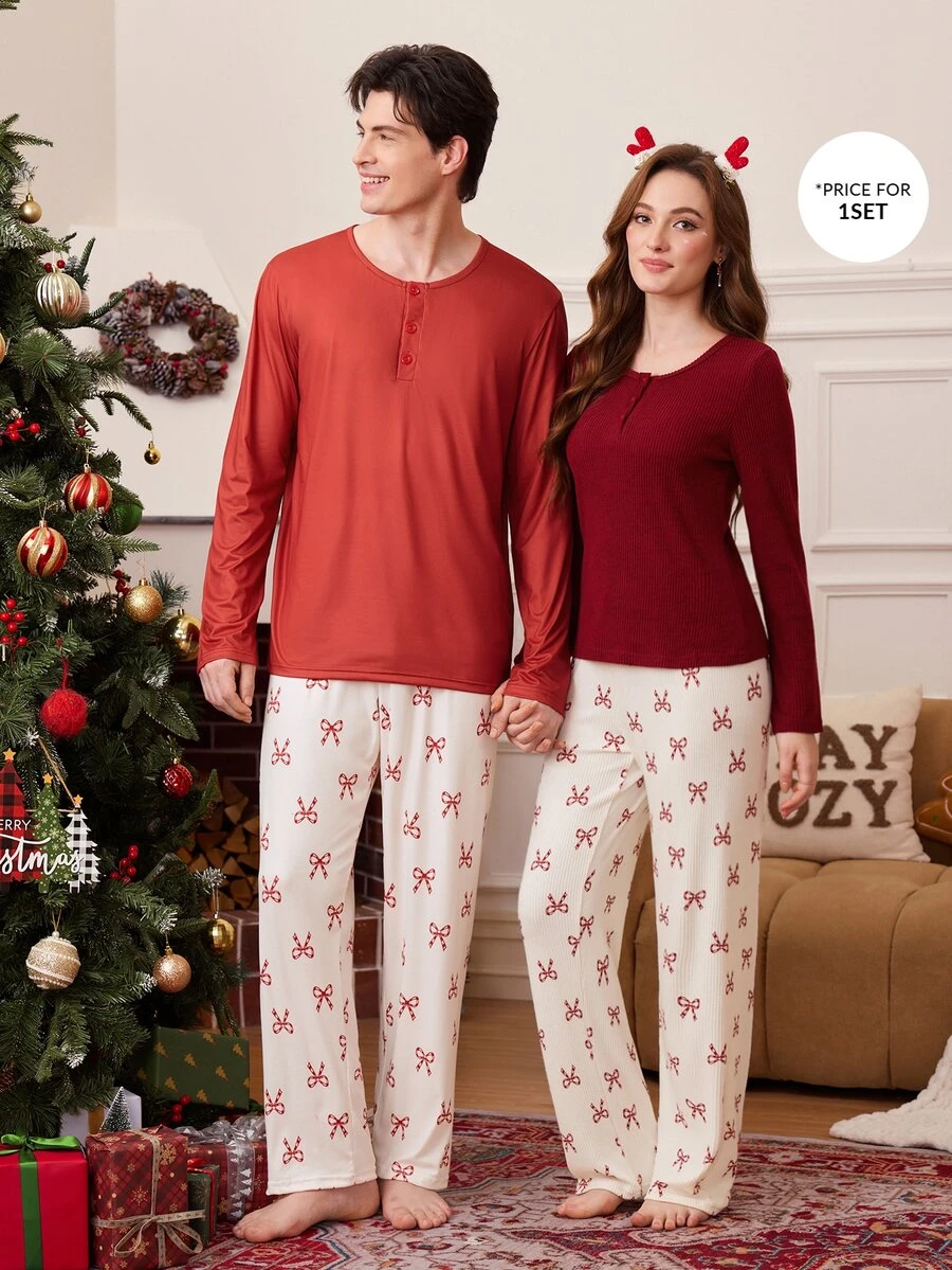 CoupledUp Red Button Design Round Neck Long Sleeve Top + Bow Print Long Pants, Comfortable Casual Men's Loungewear Pajama Set - Multicolor - View 1