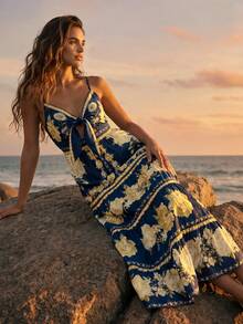 CAJUNI Tropical Vacation Cute Romantic Floral Dress - Navy Blue - View 3