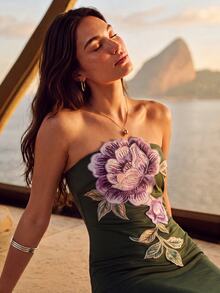 CAJUNI Flower Olive Green Midi Casual Chic And Elegant Dress Summer Vacation Resort - Green - View 1