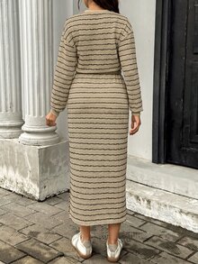 SHEIN 孕婦圓領長袖條紋長洋裝 秋季 - 卡其色 - 查看 8
