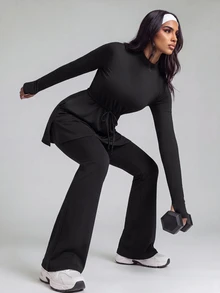 SHEIN With My Calm Kaos Olahraga Lengan Panjang Wanita Timur Tengah dengan Tali Serut - Hitam - View 7
