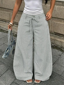Coolane 女款夏季街頭風休閒基礎日常穿搭圖案條紋舒適寬鬆低腰直筒寬腿高腰長褲 - 綠色 - 查看 3