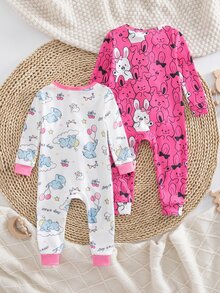 Autumn/Winter Knit Thin Round Neck Contrast Color Pink Cute Fun Elephant Colorful Balloon Little Rabbit Digital Print Popular Hot-Selling Pattern Long Sleeve Jumpsuit Zipper Design Slim Fit Comfortable Soft Fabric 2 Pieces Pajama Set Loungewear - Multicolor - View 3