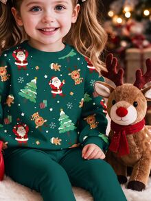 Baby Girl Vintage Christmas Tree Print Crew Neck Sweatshirt And Elastic Waist Long Pants Set, Christmas Eve Atmosphere - Multicolor - View 4