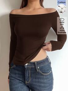 SHEIN BASICS 女款純色露肩修身百搭日常長袖T恤 海軍藍 - 咖啡棕 - 查看 5