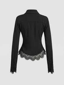 Elenzga Black Long Sleeve Collared Shirt For Women With Lace Trim Waist-Flattering Elegant Style - Black - View 2