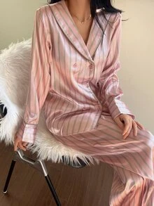DAZY Women's Striped Double-Breasted Long Sleeve Top And Pants Pajama Set - Pink - View 3